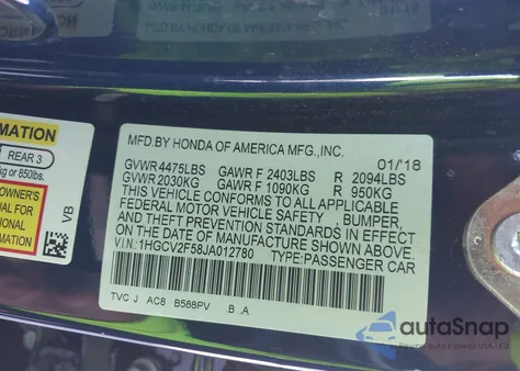 2018 Honda Accord Ex-L 2.0T from USA, damaged, VIN 1HGCV2F58JA012780